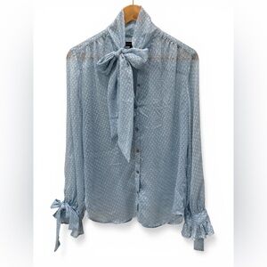 Banana Republic Sheer Swiss Dot Tie Neck Blouse Blue Size Small